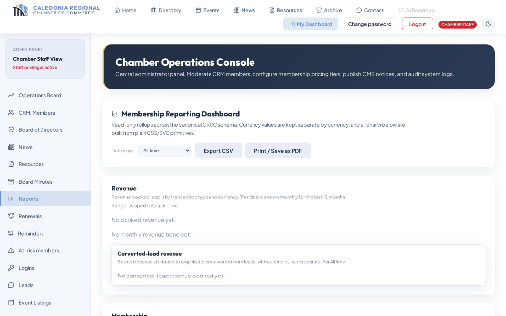 Membership reporting dashboard with CSV and PDF export