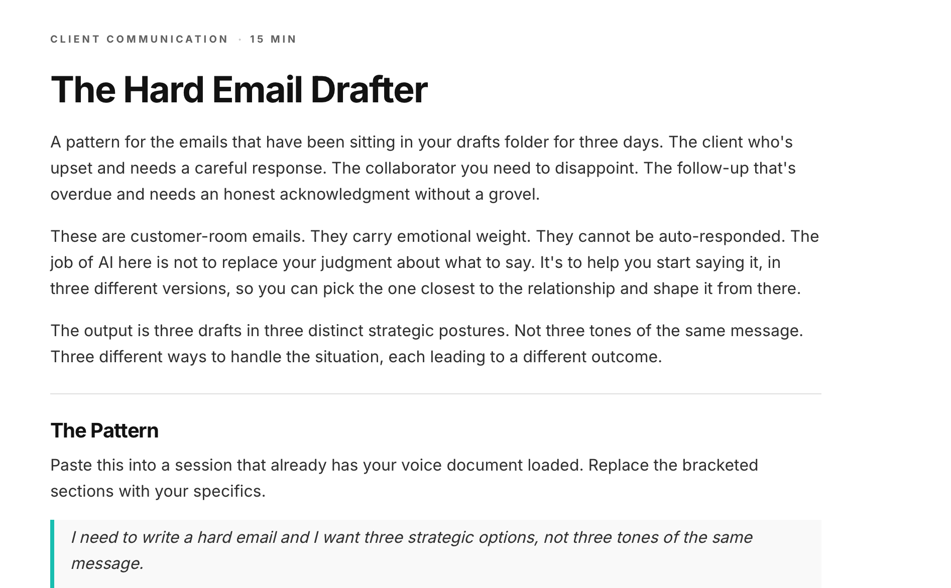 Library entry from the Aloomii Playbook portal — "The Hard Email Drafter," a Client Communication pattern with sections for Purpose, The Pattern (the prompt), Why It Works, Good Output, Bad Output, and How To Make It Yours